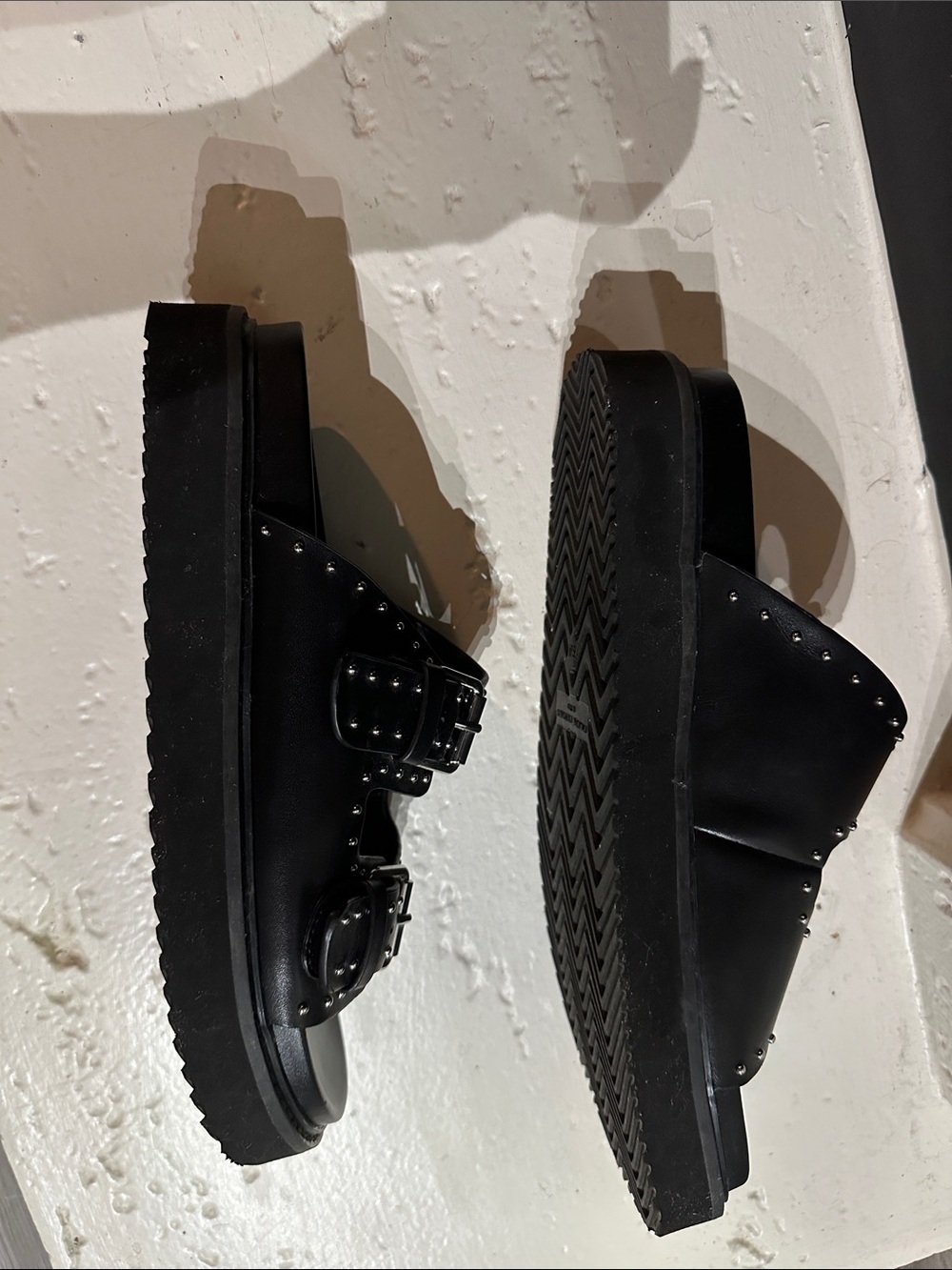 Marc Fisher Black Studded Double-Buckle Leather Slides - Picture 4 of 5